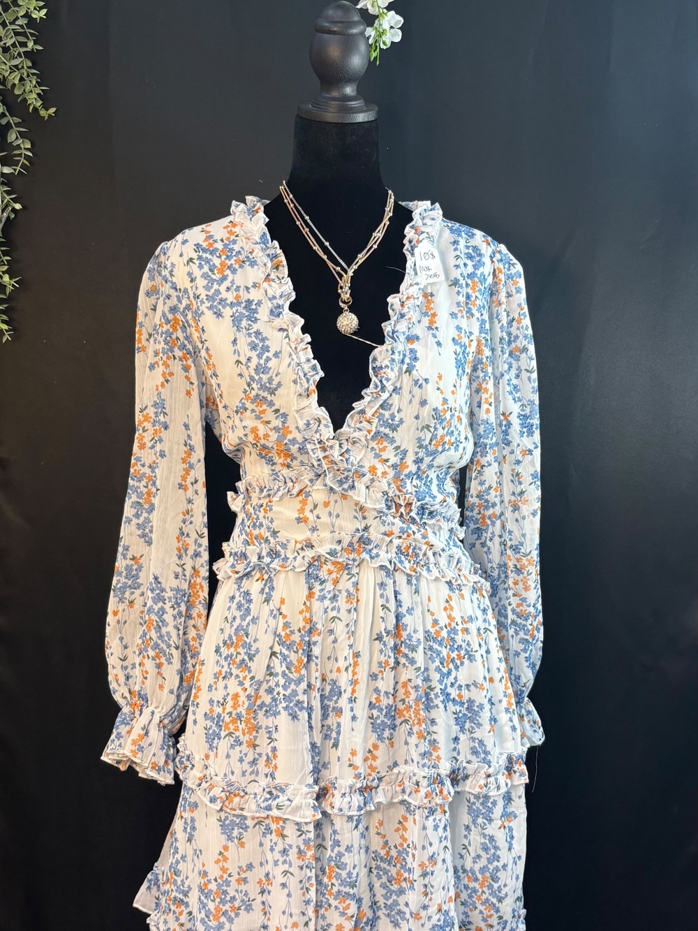Floral Ruffle V-Neck Tiered Dress in White, Blue & Orange